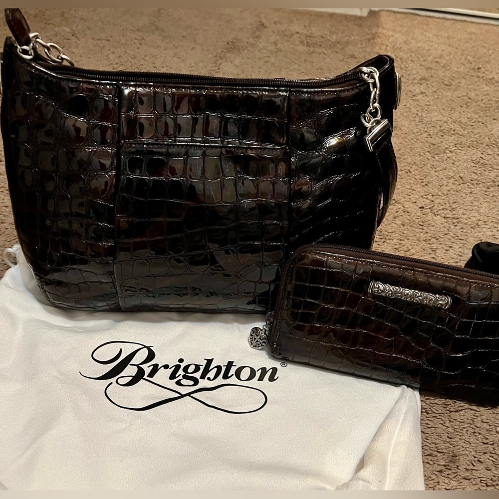 Brighton Brown Crocodile Patent Shoulder Tote Bag Purse & Wallet